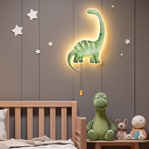 Image of Aurelema Dinosaur Night Light Wall Lamp Sleeping Nursery Lighting Cute Floating Battery Operated Hanging Lamp for Baby Boys Girls Bedroom Room Nursery Wall Decorations