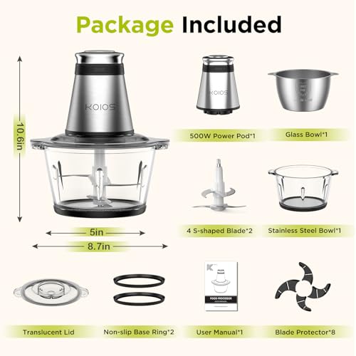 Image of KOIOS Food Processor, 500W Electric Chopper with 2 Bowls (8 Cups + 8 Cups) and 2 Two Tier Blades, Small Electric Chopper for Nuts, Meat, Onion, Garlic, Food for