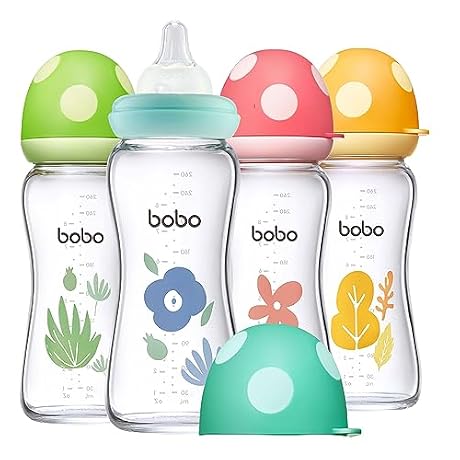 YOHKOH Natural Glass Baby Bottle with Level 2 Medium Flow Nipple, Newborn Anti-Colic Baby Bottles, Wide Neck Mushroom Baby Glass Bottle (8.8oz (Pack of 4), Multicolour)