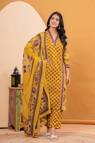Image of MEERA FAB Women's Cotton Blend Straight Printed Kurta with Palazzo & Dupatta