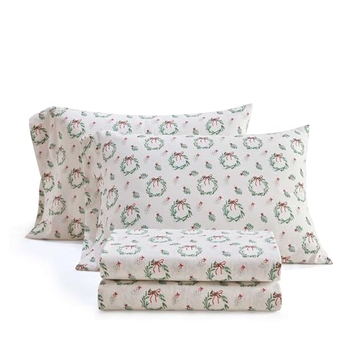 Image of Martha Stewart - Flannel Sheets Queen Size, Anti-Pilling & Wrinkle Resistant Cotton, Touchably Soft for All-Season Comfort - Matching Pillowcases & Fitted Sheet (Wreaths & Mistletoe Green)