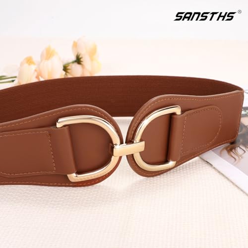 SANSTHS Vintage Women Stretchy Wide Belt Chunky Buckle Elastic Wide Waist Belts for Dresses Coats
