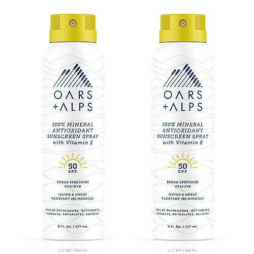 Oars + Alps Mineral Sunscreen Spray for Body, Infused with Vitamin E & Antioxidants, Water & Sweat Resistant, All Skin Types, Lightweight, Hydrating, SPF 50, 6oz, 2pk