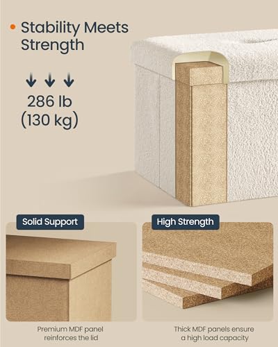 Image of SONGMICS Small Folding Storage Ottoman, Foot Rest Stool, 12.2 x 16.1 x 12.2 Inches, Ottoman with Storage, Load up to 286 lb, for Living Room, Bedroom, Dorm, Cream White ULSF094W01