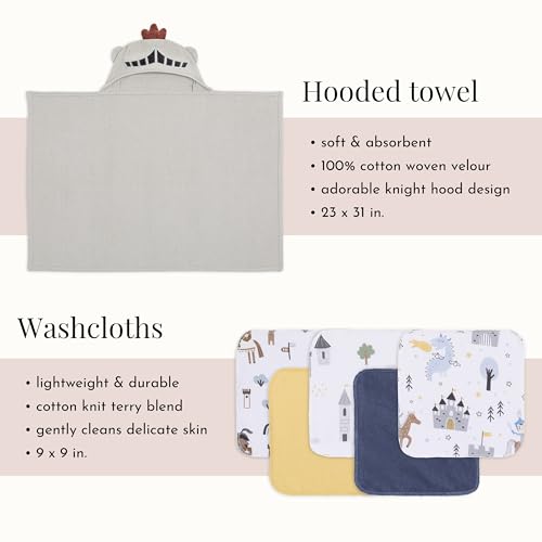 Image of Evolur Good Knight 6 pc Baby Gift Set, Includes Hooded Towel & 5pc Wash Cloths, Soft and 100% Cotton Woven, for Newborn, Infants and Toddlers 0-9 Months