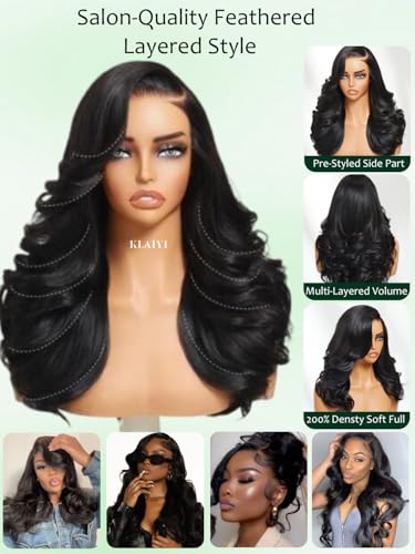 Image of KLAIYI Pre Everything Glueless Layer Side Part Loose Body Wave 13x4 Lace Front Wigs Human Hair Drawstring Curtain Bangs Face framing Pre Bleached Knots Pre Plucked 3S Ready to Put On and Go Wig 20Inch
