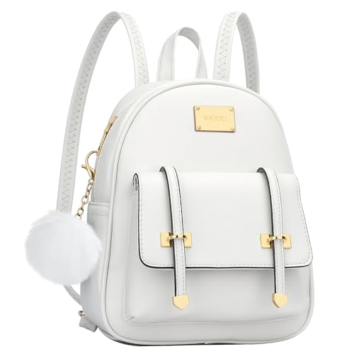 KKXIU Girls Small Backpack Purse Vegan Leather Mini Bookbag for Women Cute Teen Pompom Daypack (White)