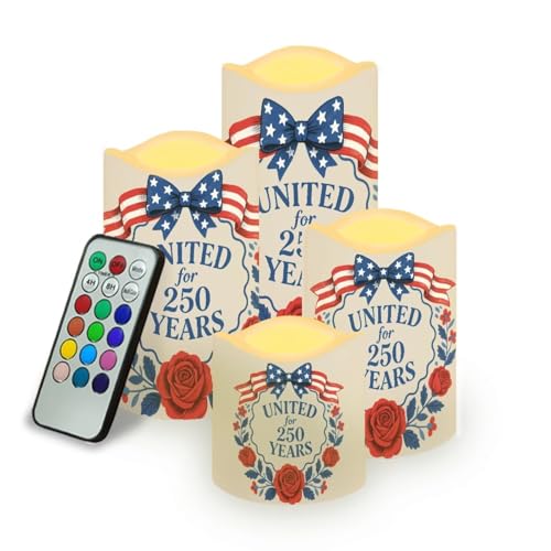 Image of United for 250 Years Fake Candles Flowers Independence Day Battery Led Lights Fourth of July LED Flickering Remote Control Candle Decors for Patio Porch Mantle, 4 Pack