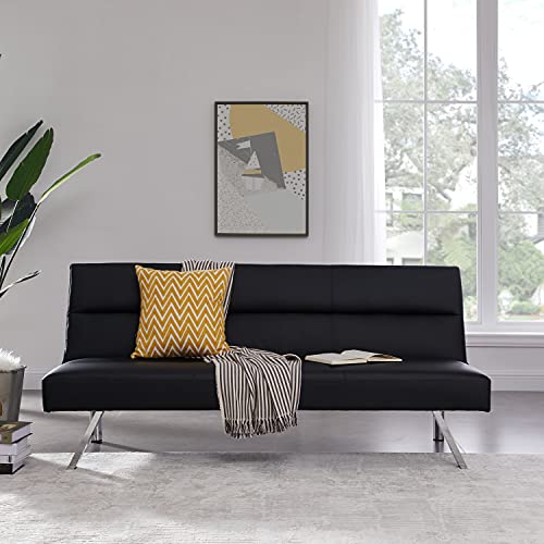 Naomi Home Zoe Futon Sofa Bed Faux Leather Futon Couch Modern Convertible Folding Sofa Bed Couch with Chrome Legs Reclining Mini Couch Leather Small Couch for Bedroom Living Room - Black