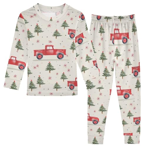 Fustylead Hand Draw Xmas Tree and Retro Red Truck Cotton Pajamas, Snug Fit Long Sleeve Soft Sleepwear Pjs