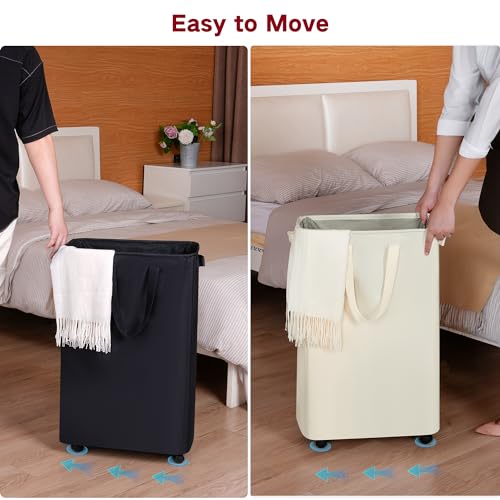 efluky Slim Laundry Hamper with Wheels, Rolling Laundry Basket for Clothes, Small Laundry Basket for Bedroom, Dorm and Laundry Room, 75L (19.8 Gallons) Pink