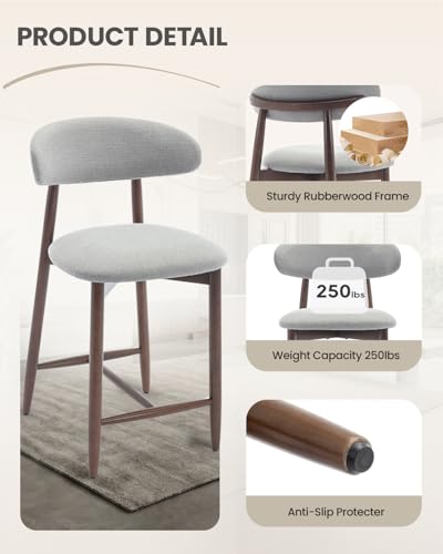 Image of Bar Stools Set of 1, 25.6″ Counter Height Bar Stools with Wood Legs, Upholstered Modern Kitchen Barstools for Kitchen Island Dining Room Bar, Light Grey