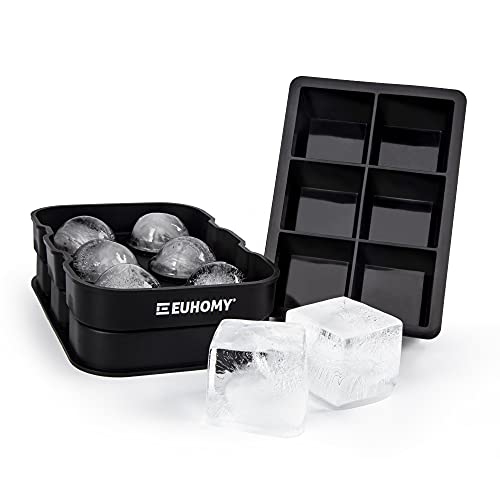 Euhomy Ice Cube Trays Silicone 2 Sets, Ice Cube Mold Ice Ball Maker Mold, Whiskey Ice Ball Maker & Square Large Ice Cube Trays for Cocktails & Bourbon, Easy Release & BPA FREE, For Whiskey