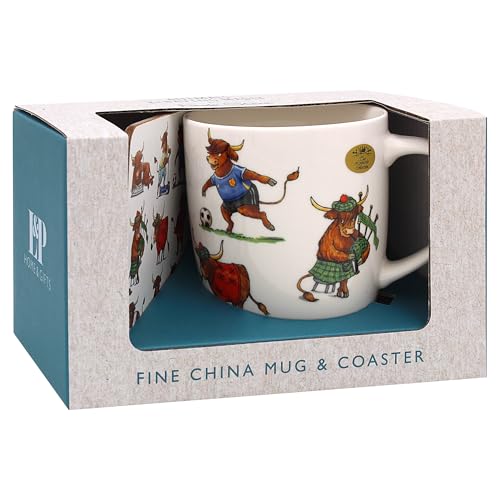 The Leonardo Collection Finola Stack Highland Cow Mug with Coaster for Home & Kitchen | Stylish Ceramic Mugs for Tea & Coffee | Lovely Cup Set for Mens Gifts & Birthday Gifts for Women
