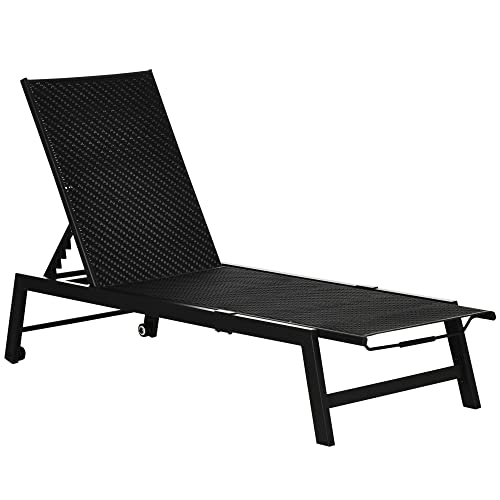 Outsunny Chaise Longue Bain de Soleil transat en résine tressée Imitation rotin avec Roues Dossier inclinable sur 5 Niveaux Cadre en Aluminium Noir