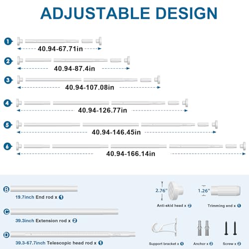 Image of AIZESI 41-165 Inch Heavy Duty White Tension Curtain Rod - No Drilling, Adjustable, Rust-Resistant for Outdoor, Living Room, Window, Bathroom