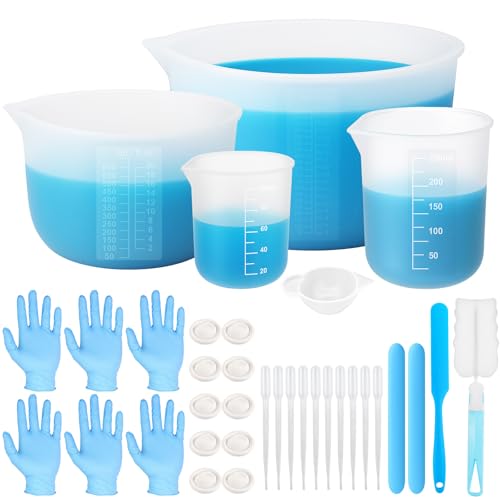 DONQL 35stk Silikon Messbecher Set, Klare 2 Skalen 1000/600/250/100ml Silikonbecher zum Gießen, Silikon zum Gießen Set mit Verschiedene Zubehör für Epoxidharz, Gießformen, DIY und Basteln
