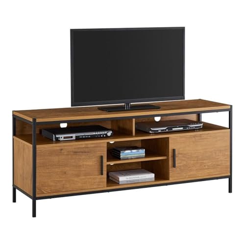 Caffoz Furniture Designs Wide Entertainment Center TV Media Stand with Two Doors and Storage Shelves | Sturdy | Easy Assembly | Brown Oak Wood Look Accent Furniture with Metal Frame