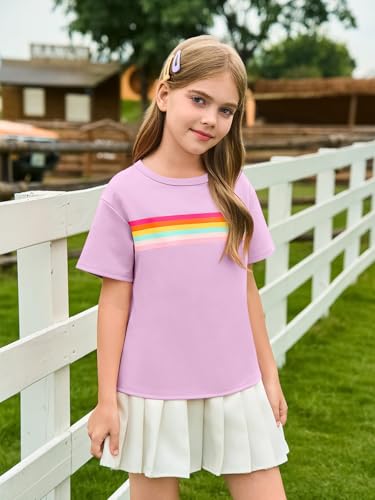 Haloumoning Girls Short Sleeve T Shirts Kids Summer Rainbow Striped Tops Crewneck Tees 5-14 Years4