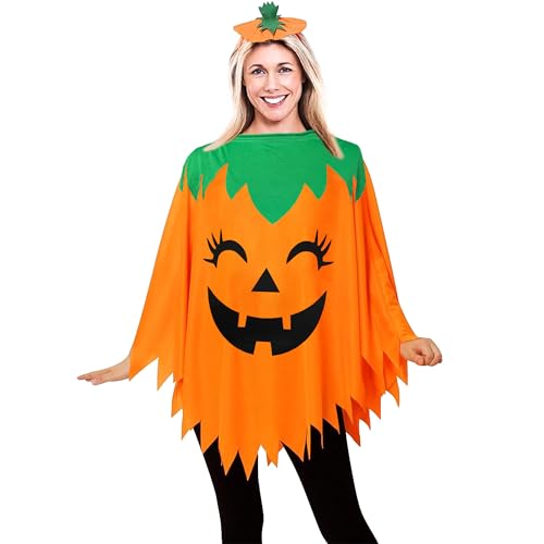 23GUANYI Disfarce Halloween mulher, disfarce abóbora mulher, disfarce abóbora adulto, festival divertido bonito disfarces festa abóbora laranja poncho fato com chapéu abóbora para adultos