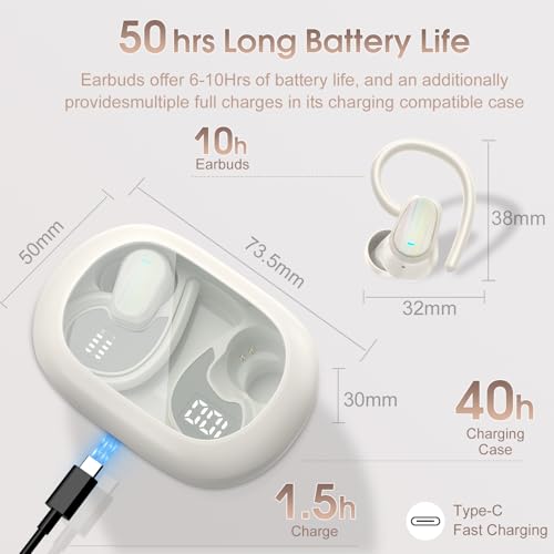 Image of Wireless Earbuds Bluetooth 5.4, 50H Playtime Sport Earphones with Earhooks, HiFi Stereo Bluetooth Hearphones with 4 ENC Noise Cancelling Mic, IPX7 Waterproof Over the Ear Buds for Gym /Running, White