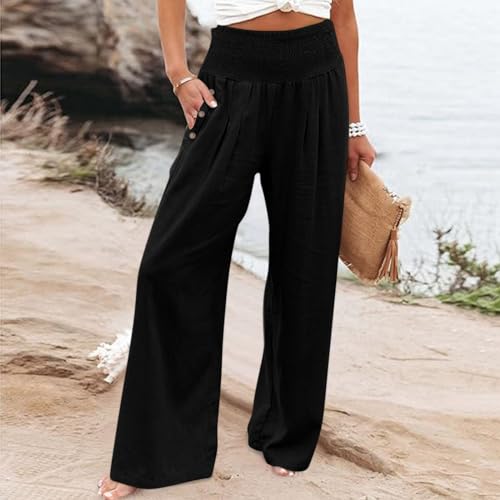 Linen Palazzo Pants for Women Casual Smocked Elastic High Waisted Wide Leg Pants Oversize Lounge Pants with Pockets2