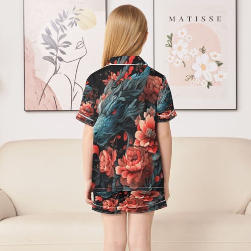 ALAZA Dragon with Flower Black Satin Pajamas Set Short Sleeve Button Down Sleepwear Summer Pjs 2 Piece4