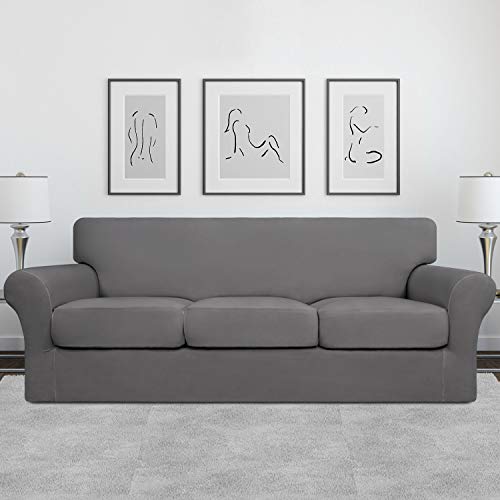 Image of Easy-Going 4 Pieces Stretch Soft Couch Cover for Dogs - Washable Sofa Slipcover for 3 Separate Cushion Couch - Elastic Furniture Protector for Pets, Kids (Sofa, Light Gray, Large) | Sofa Slipcover for Stretch 3 Separate Sectional Cushion Couch - Furniture Protector for Pets, Kids Light Gray