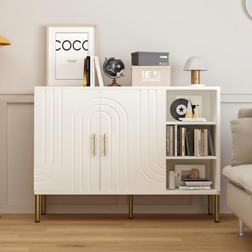 DAWNYIELD Aparador versátil con Textura Curva, Mueble de almacenaje de Madera con 2 Puertas y 3 estantes, Buffet con Almacenamiento, para salón, Cocina y Pasillo, Color Crema, 110 x 35 x 82 cm