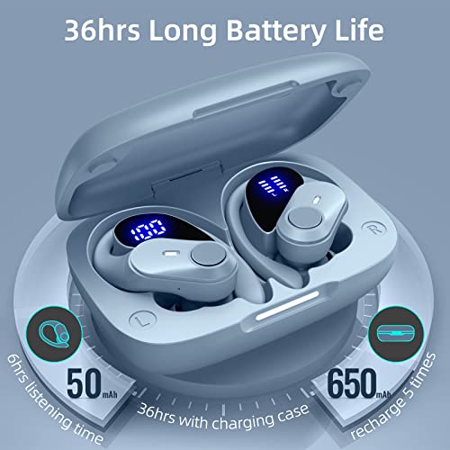 Golrex Bluetooth Headphones Wireless Earbuds 36Hrs Playtime Wireless Charging Case Digital Led Display Over-Ear Earphones With Earhook Waterproof Headset With Mic For Sport Running Workout Sierra Blue #TOP2