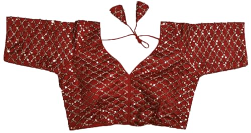Pujia Mills Woman Italian Silk V- Neck With Short Sleeve With Khatli Work Sequence Design Readymade Blouse 38 Size Red
