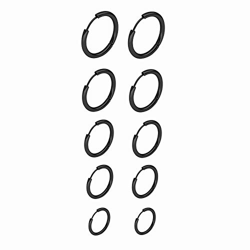Onnea 5 Pares Pendientes Aro de Acero Inoxidable para Mujer Oro Plata Oro Rosa, Diámetro 10 mm 12 mm 14 mm 16 mm 18 mm (Negro)