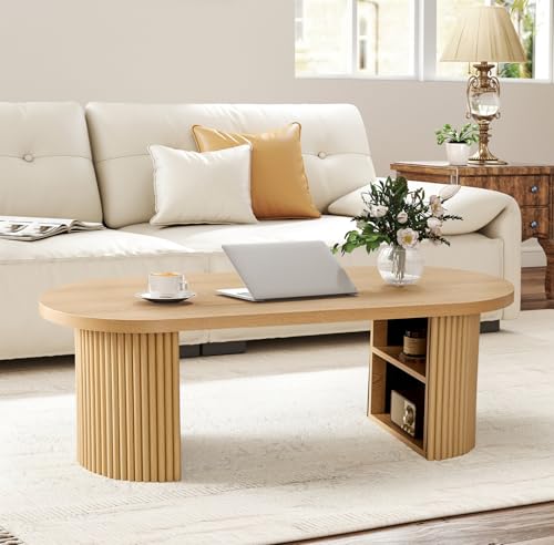 Oval Fluted Coffee Table, 47' Farmhouse Wood Coffee Table Mid Century Modern Center Table Boho...