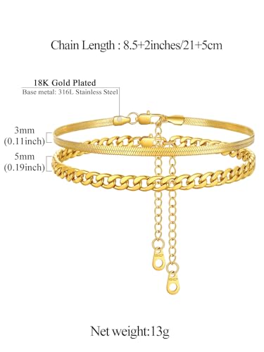 Image of FindChic Black /Silver /Gold Plated Anklets Set of 2PCS /3PCS Herringbone Chain Cuban Link Heart Charm Sparkling Tennis Ankle Bracelets, Waterproof Summer Foot Jewelry for Beach