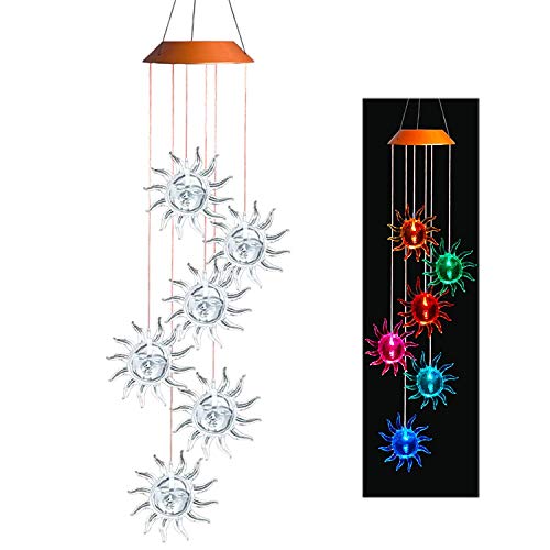 SIX FOXES Sunflowers Solar Powered Wind Chime Outdoor, Color-Changing Mobile Wind Chime Hanging