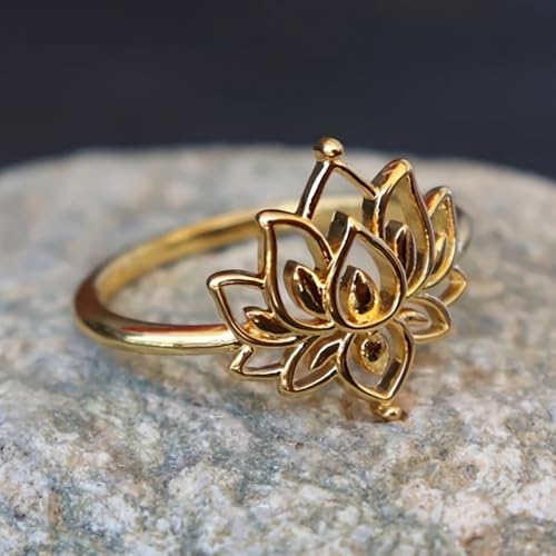 Gold Plated Cubic Zirconia Boho Vintage Lotus Flower Statement Ring Personalized Accessory Ideal for Women's Daily Casual Wear Party Holiday Anniversary Love Jewelry Gift4
