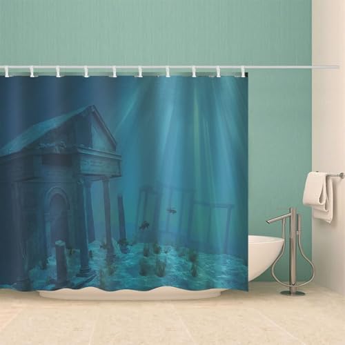 Rideau de douche bleu vert motif maison en polyester imperméable - 4