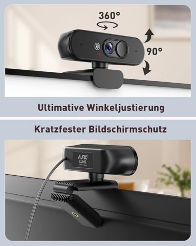 Aurolumiz 1080P FHD Webcam mit Dualem Privacy-Schutz (Stummschaltung & Abdeckung), Kristallklarem Mikrofon, Natürlicher Bildqualität, Ausziehbarem Stativ,für PC, Laptop, Zoom, Teams, Windows, macOS.​