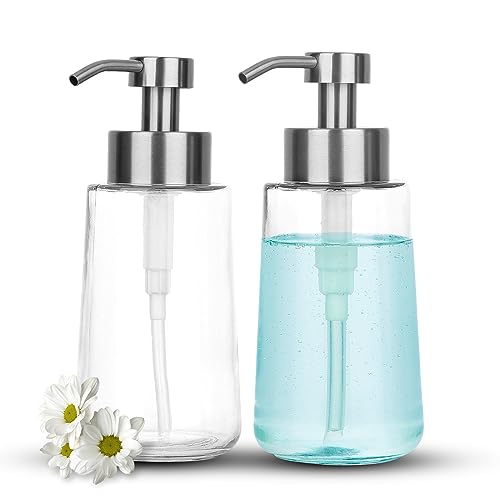 Doiliese Soap Dispenser, Glass Hand Soap Dispenser with Rust Proof Pump, 17oz Liquid Soap Container with Waterproof Labels, Dish & Hand Soap Pump for Bathroom, Kitchen, Brushed Nickel, Pack of 2