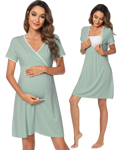 WiWi Soft Viscose from Bamboo 3 in 1 Maternity/Delivery/Nursing Labor Nightgowns Breastfeeding Sleep Shirt Gowns S-XXL, Sage Green, Large