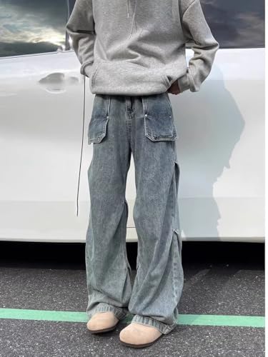 Men's American Retro Blue Denim Jeans Loose Straight Leg Pants3