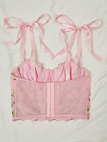 WDIRARA Women's Floral Embroidered Mesh Camisole Sheer Crop Top Tie Shoulder Sleeveless Bustier Corset Tops2