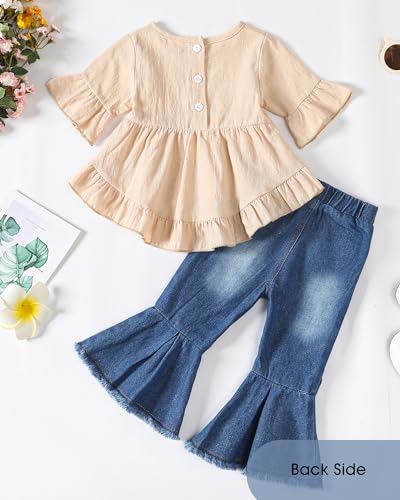 Kucnuzki Baby Girl Clothes 1 Year Old Girl Outfits Toddler Short Sleeve Cotton Shirt Flared Jeans Pants Denim Summer Outfits 12-18 Months Girl Clothes - Thumbnail 3