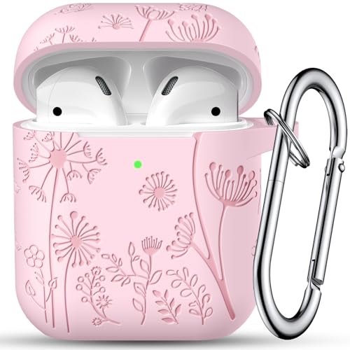 Maledan Custodia con Incisione Floreale per AirPods 1&2, Custodia AirPods in Silicone Antiurto Protettiva Case Cover con Moschettone [LED Anteriore Visibile], Supporto Ricarica Wireless,Rosa