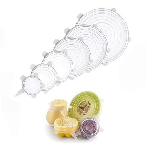 Tapas de Silicona Reutilizables, Tapas de silicona elásticas, Cubiertas de silicona ajustables, Tapas de silicona para recipientes, Varias medidas, 6 unidades