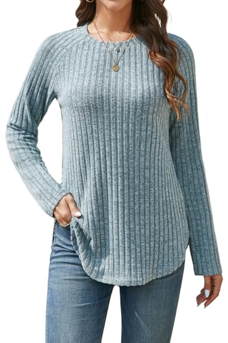Image of Enmain Ladies Jumpers Long Sleeve Tops Lightweight Round Neck Sweatshirt Curve Hem Side Split Striped Design Jumpers Blue XL