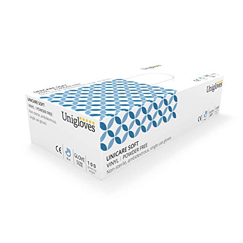 UNIGLOVES Unicare GS0083 Guantes de Examen de Vinilo, Azul, Talla M (Paquete de 100 Guantes Individuales)