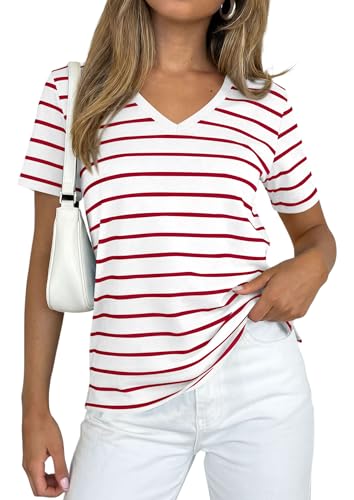 PRETTYGARDEN Short Sleeve Shirts for Women 2026 Spring V Neck Cute Tops Casual Striped Shirt Knitted Tees Summer Outfits (Striped White Red,Large)