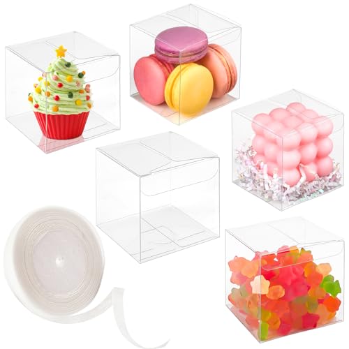 Jutieuo 45 Pack 3x3x3 Inches Clear Favor Boxes with Ribbons, Transparent Plastic Cube Treat Boxes...