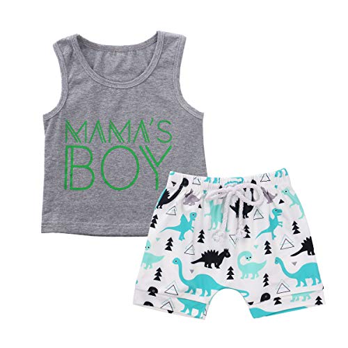 2 Pcs Baby Boys Summer Clothing Mamas Boy Sleeveless Tank Tops+Dinosaur Shorts Outfits Sets (Grey Mama's Boy Tank&Dinosaur Shorts, 18-24 Months)